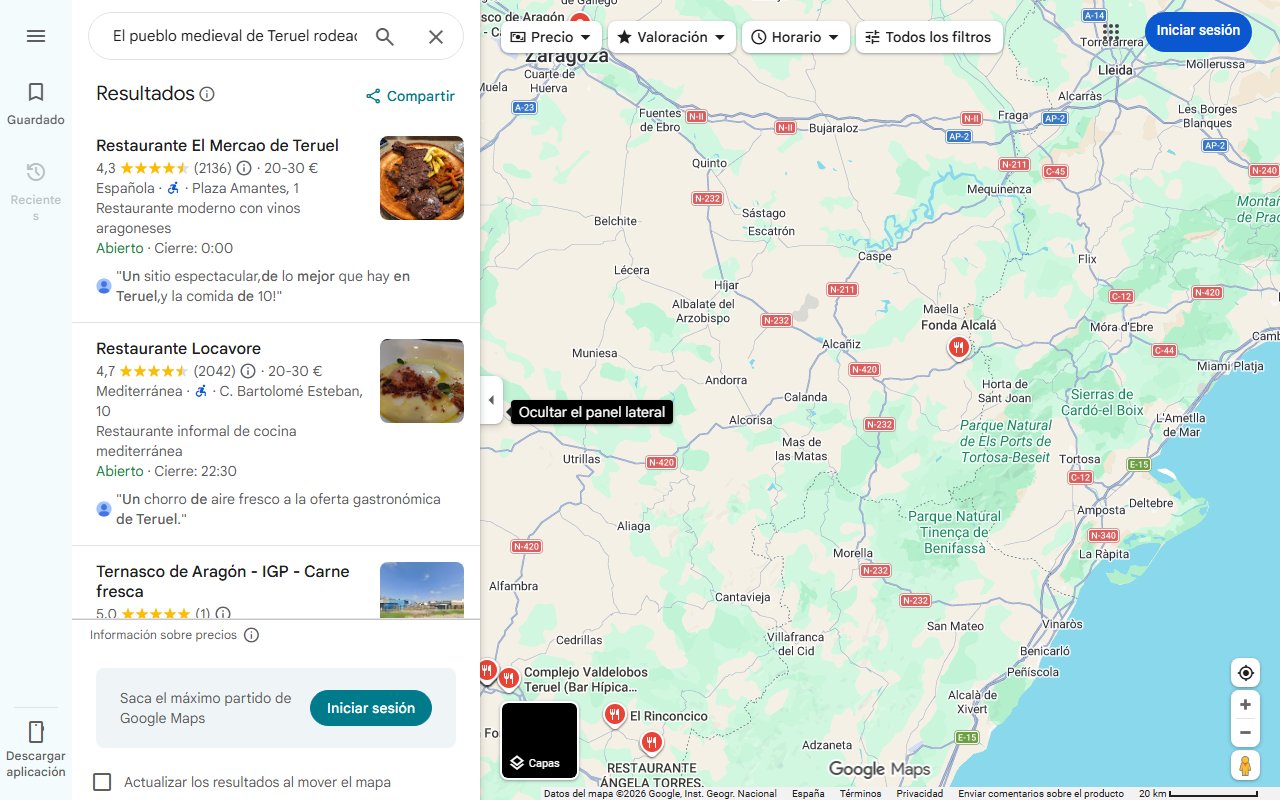 Mapa de El pueblo medieval de Teruel rodeado de piscinas naturales donde comer un buen ternasco de Aragón en un antiguo molino