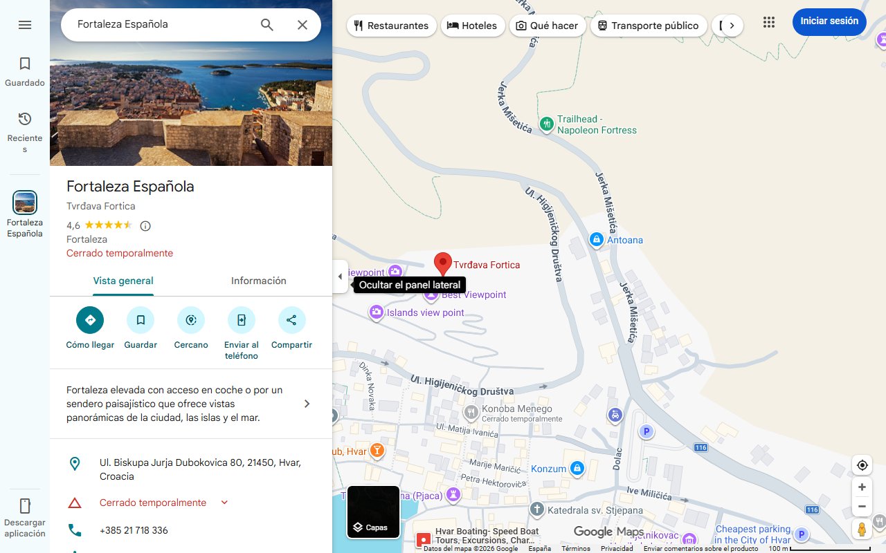 Mapa de La isla croata con una fortaleza española que es una joya desconocida para los turistas